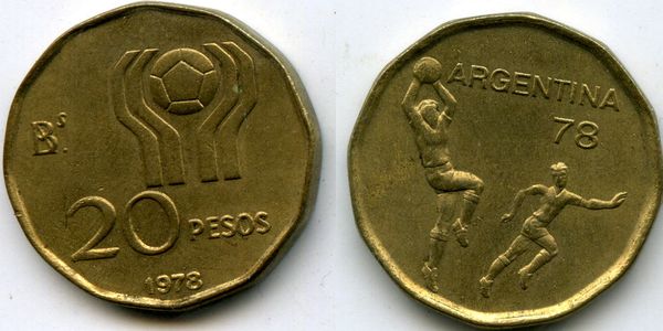 Монета 20 песо 1978г ЧМ по футболу Аргентина