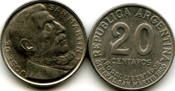Монета 20 сентавос 1950г Аргентина