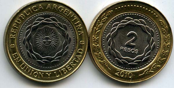 Монета 2 песо 2010г Аргентина