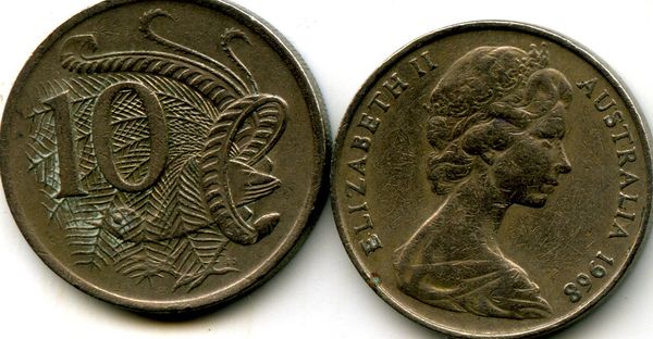 Монета 10 центов 1968г Австралия