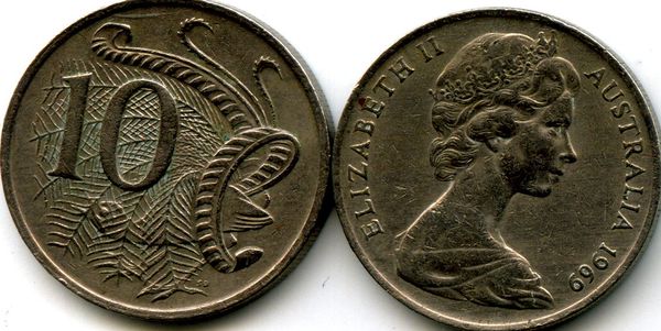 Монета 10 центов 1969г Австралия