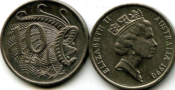 Монета 10 центов 1990г Австралия