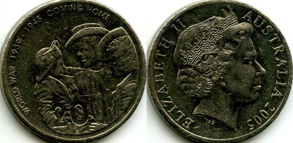 Монета 20 центов 2005г 2 мировая Австралия