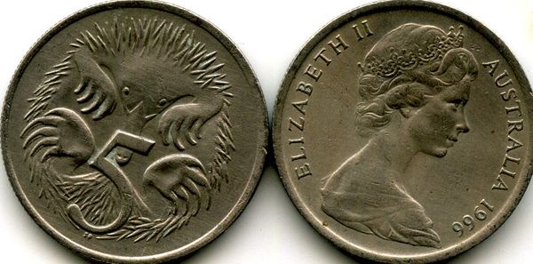 Монета 5 центов 1966г Австралия