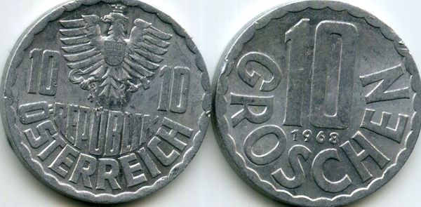 Монета 10 грош 1968г Австрия