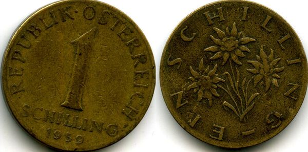 Монета 1 шиллинг 1959г Австрия