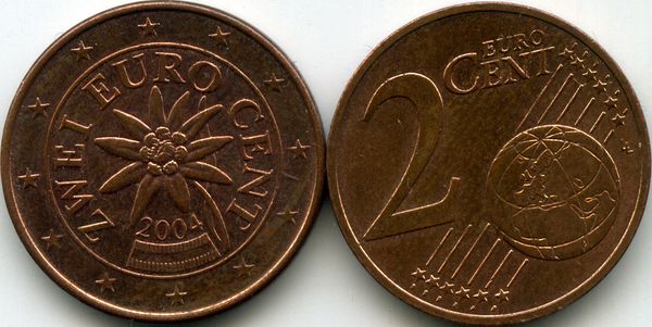 Монета 2 евроцента 2004г Австрия