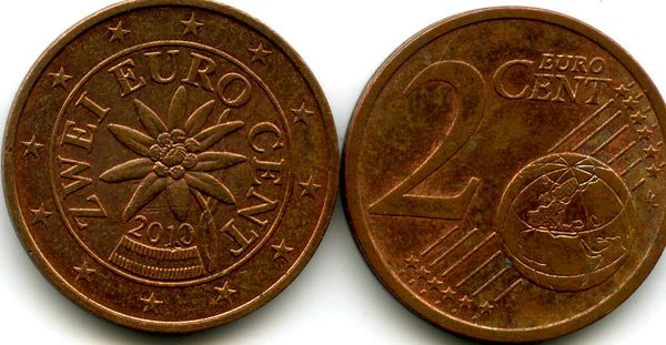 Монета 2 евроцента 2010г Австрия