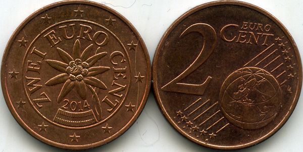 Монета 2 евроцента 2014г Австрия