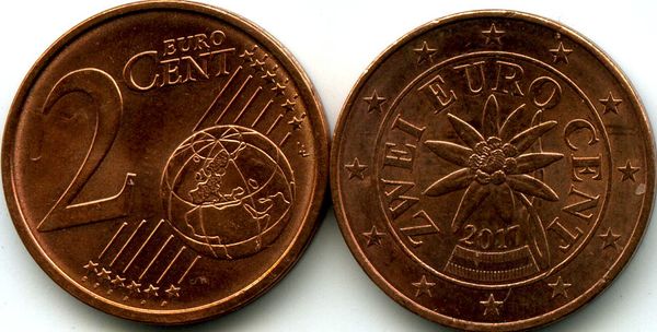 Монета 2 евроцента 2017г Австрия