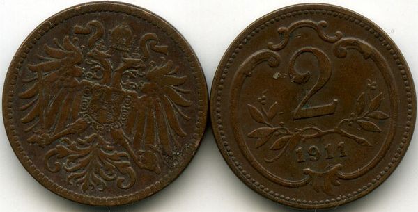 Монета 2 геллера 1911г Австрия