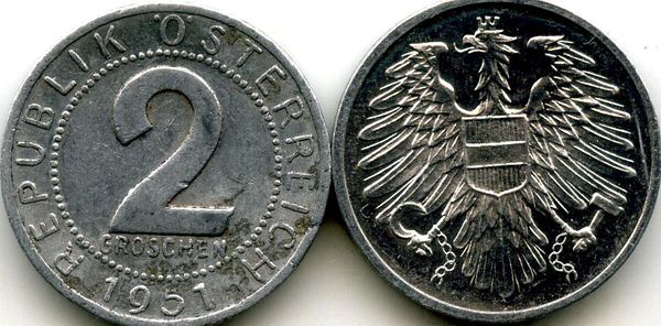Монета 2 гроша 1951г Австрия