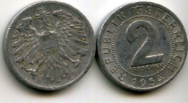 Монета 2 гроша 1954г Австрия