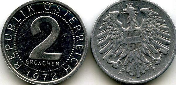 Монета 2 гроша 1972г Австрия