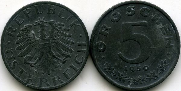 Монета 5 грош 1950г Австрия