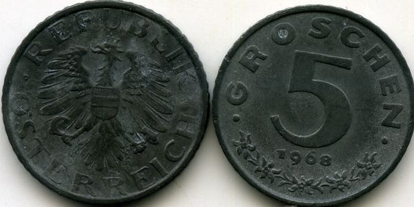 Монета 5 грош 1968г Австрия