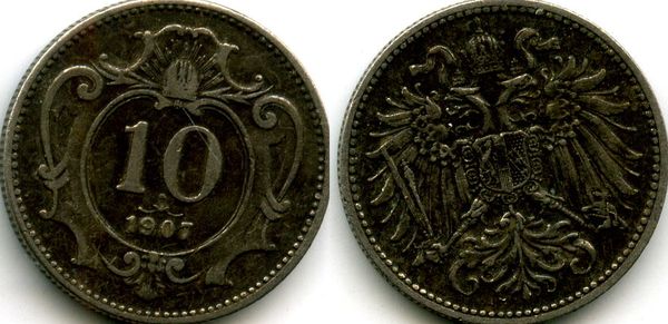 Монета 10 геллеров 1907г Австрия