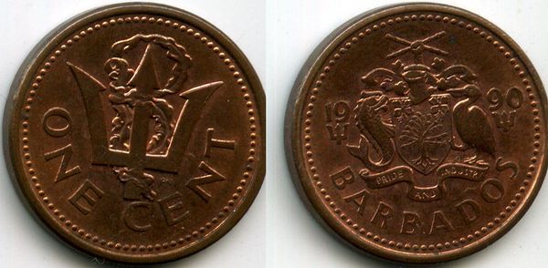 Монета 1 цент 1990г Барбадос