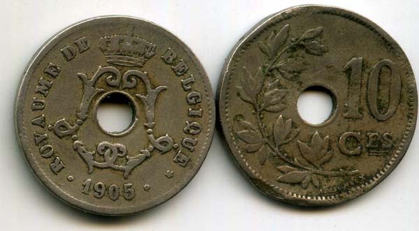 Монета 10 сентимес 1905г фр Бельгия