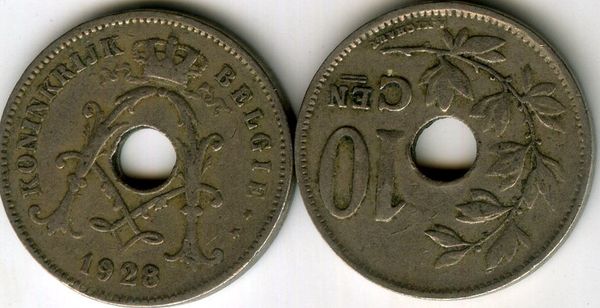 Монета 10 сентимес 1928г фл Бельгия