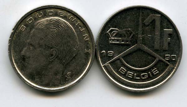Монета 1 франк 1990г фл Бельгия