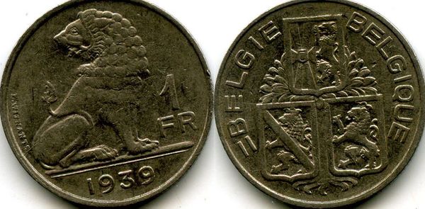 Монета 1 франк 1939г фл Бельгия