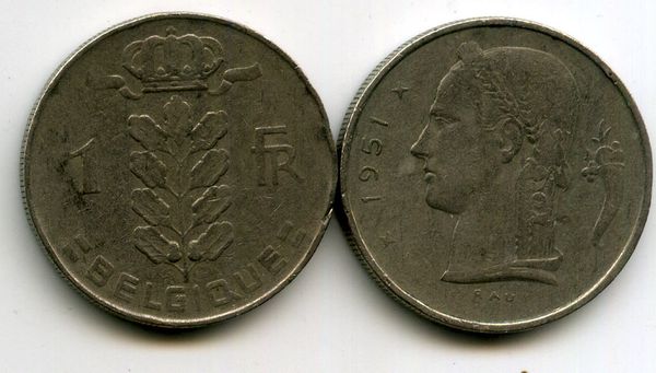 Монета 1 франк 1951г фр Бельгия