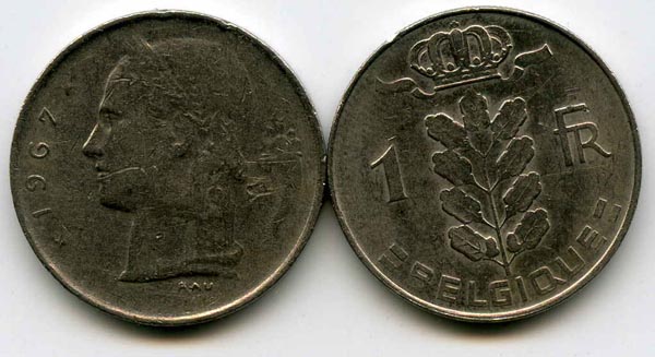 Монета 1 франк 1967г фр Бельгия