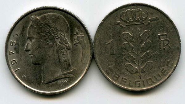 Монета 1 франк 1975г фр Бельгия