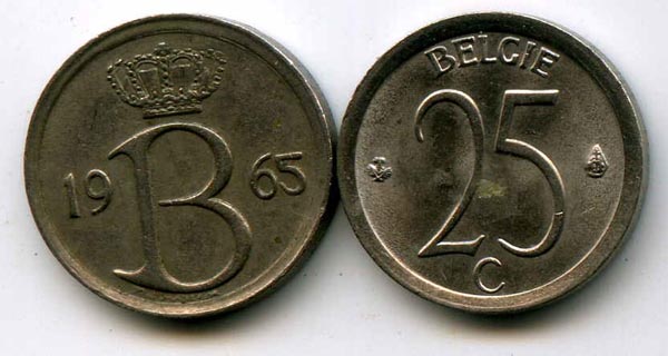 Монета 25 сентимес 1965г фл Бельгия
