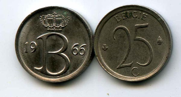 Монета 25 сентимес 1966г фл Бельгия
