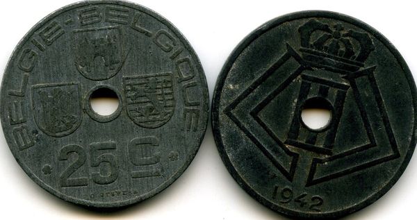 Монета 25 сентимес 1942г фл Бельгия