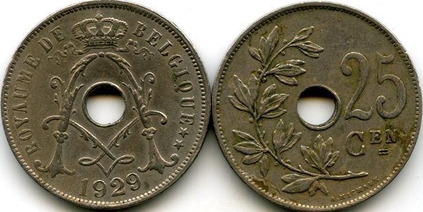 Монета 25 сентимес 1929г фр Бельгия
