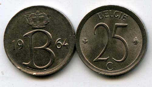 Монета 25 сентимес 1964г фл Бельгия