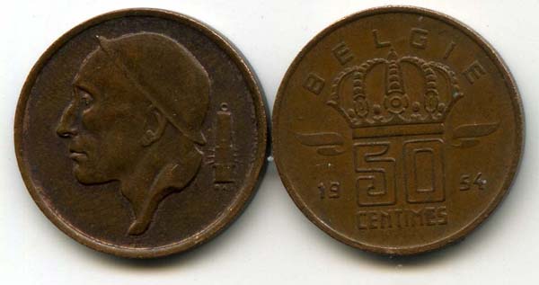 Монета 50 сентимес 1954г фл Бельгия