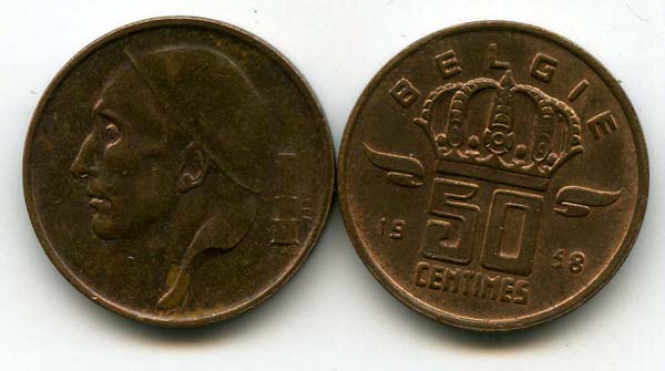 Монета 50 сентимес 1958г фл Бельгия