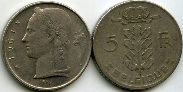 Монета 5 франк 1961г фр Бельгия