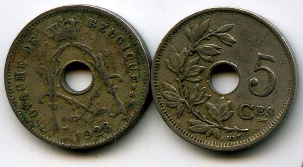 Монета 5 сентимес 1928г фр Бельгия
