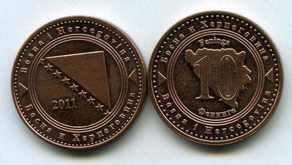 Монета 10 фенингов 2011г Босния и Герцеговина