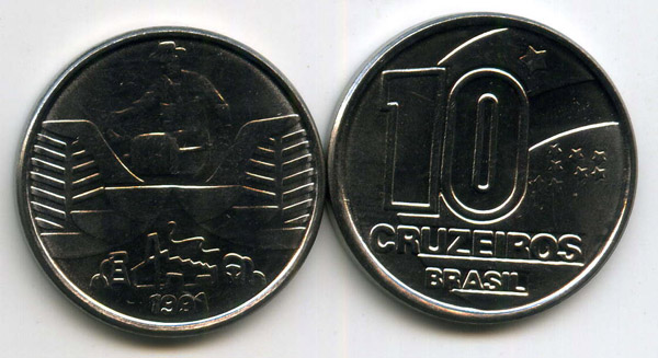Монета 10 крузейро 1991г Бразилия