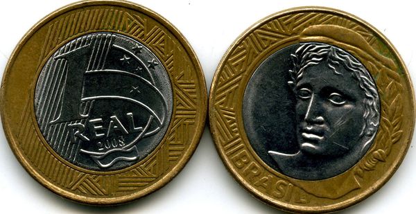 Монета 1 реал 2008г Бразилия