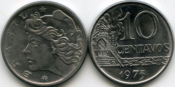 Монета 10 сентавос 1975г Бразилия