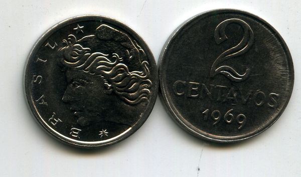 Монета 2 сентавос 1969г Бразилия