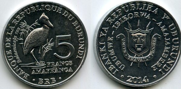 Монета 5 франков 2014г клювач Бурунди
