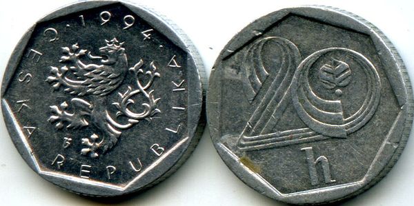 Монета 20 геллеров 1994г В Чехия