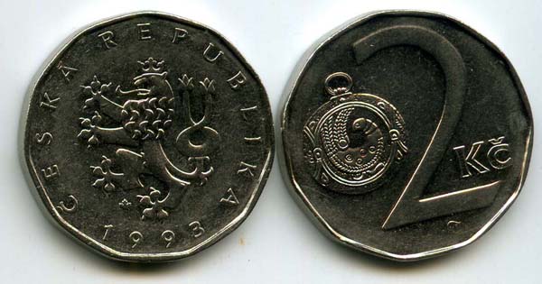Монета 2 кроны 1993г Чехия