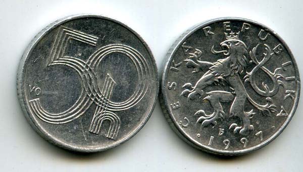 Монета 50 геллеров 1997г Чехия
