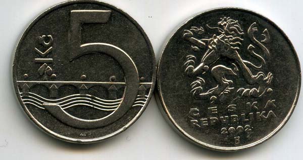 Монета 5 крон 2002г Чехия