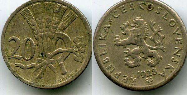 Монета 20 геллеров 1928г Чехия