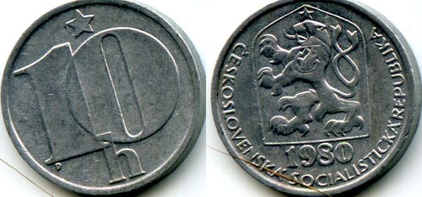 Монета 10 геллеров 1980г Чехия